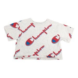 Champion Heritage Cropped AOP Logo T-Shirt Large Gray Red Reverse Weave Crop Top